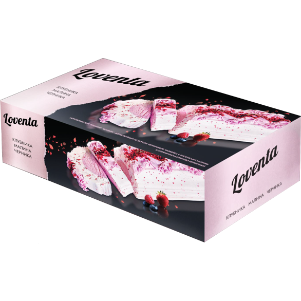 «LOVENTA» ice-cream-cake two-layer with blueberry cheesecake flavor, raspberry pieces and strawberry-raspberry-blackberry flavor
