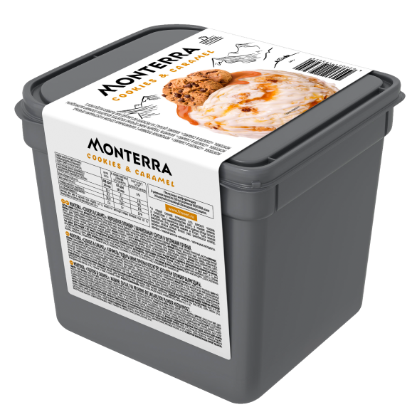 “MONTERRA” ice cream with caramel sauce and cookie pieces